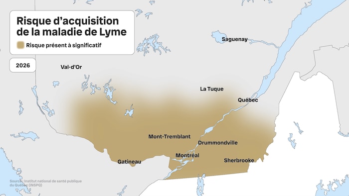 Une carte du Québec indiquant la zone d'endémicité de la maladie de Lyme.