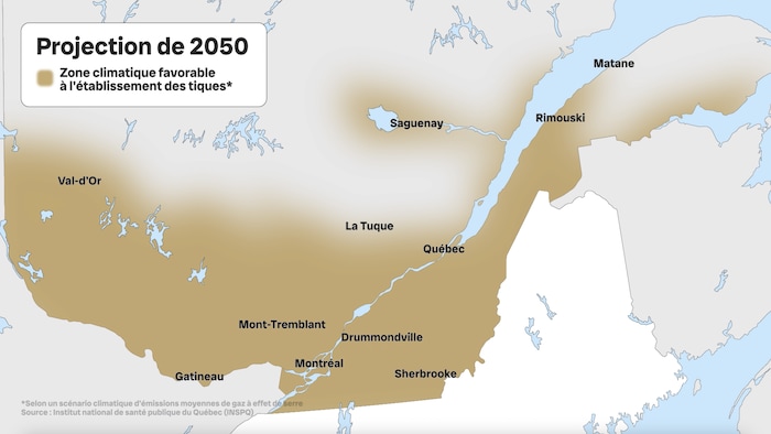 Une carte indiquant la zone climatique favorable à l'établissement des tiques selon des projections de 2050.
