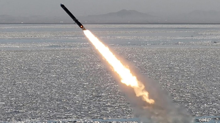 Un missile suivi d'une longue flamme s'envole au-dessus de la mer.