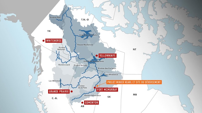Carte du Canada montrant les communautés et les rivières qui font partie du bassin hydrographique Mackenzie.