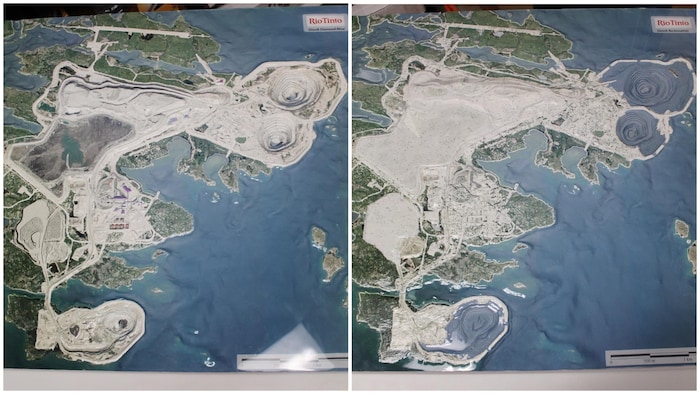 Deux images à vol d'oiseau de la mine Diavik avec quelques différences. 