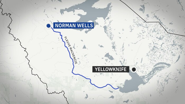 Carte des Territoires du Nord-Ouest sur laquelle est écrit Yellowknife, Norman Wells et fleuve Mackenzie.