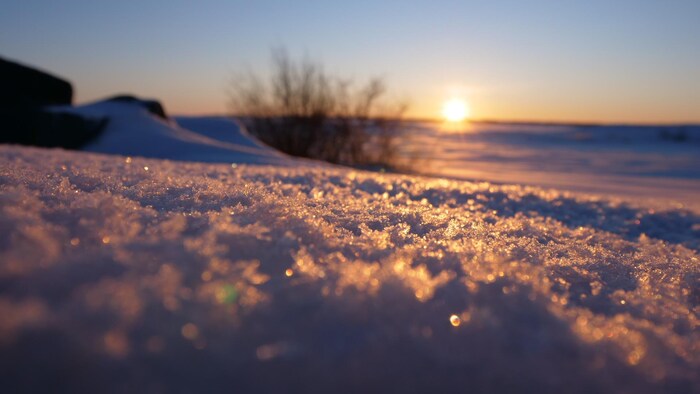 Lever de soleil sur une plaine recouverte de neige