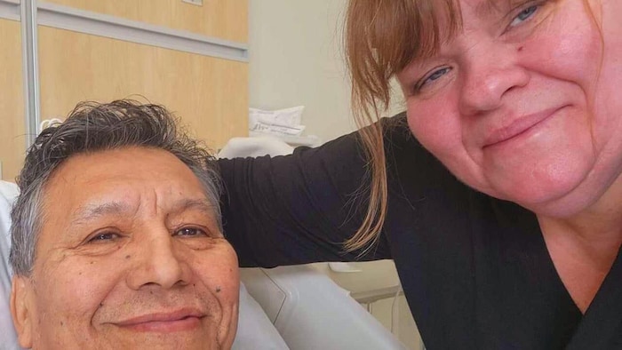 Wilfred Simon and Teresa Simon in a hospital room in Yellowknife, February 2024.