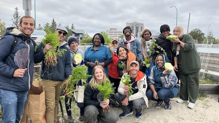 Un groupe expose des légumes fraîchement récoltés.