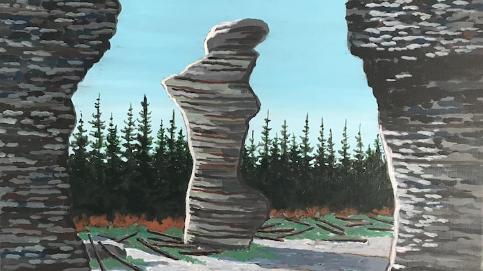 Un paysage en acrylique représentant le monolithe de la Bonne Femme sur l'île Niapiskau.