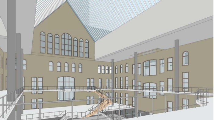 Un dessin architectural montrant un toit au-dessus de la cour intérieure de l'ancien hôtel de ville de Toronto. 