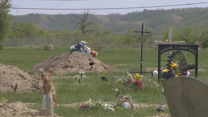 Un cementerio con flores en algunas tumbas.