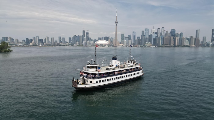Photos du port intérieur de Toronto pendant la canicule. Y compris quelques images aériennes (drone). Skyline de la ville de Toronto, bateau taxis, service de ferry de Toronto et bateaux de plaisance. Prises depuis les îles de Toronto.