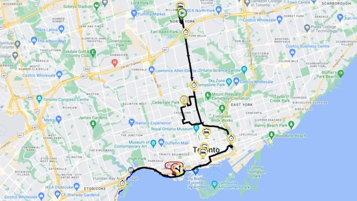 Une carte du parcours du marathon de Toronto.