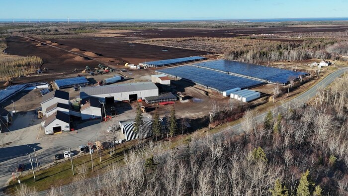 Image de drone d'une tourbière en exploitation.