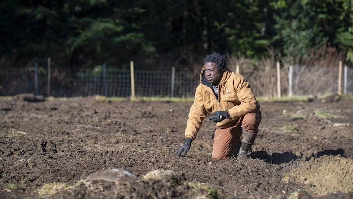 Toyin Kayo-Ajayi à genoux dans un champ labouré. 