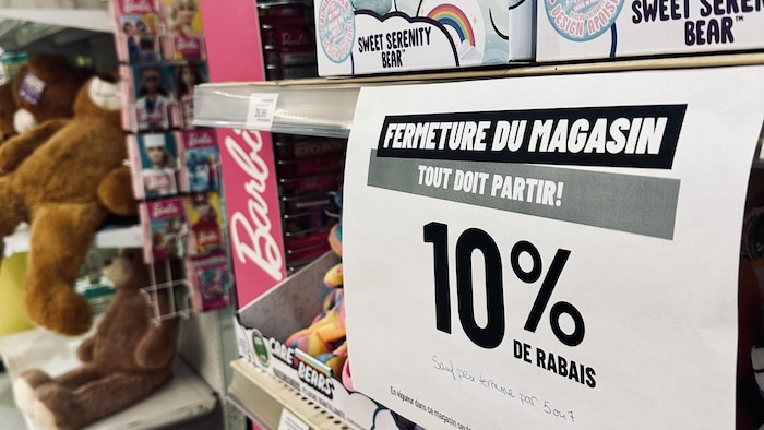Un produit sur une étagère avec une affiche indiquant un rabais en raison de la fermeture du magasin.