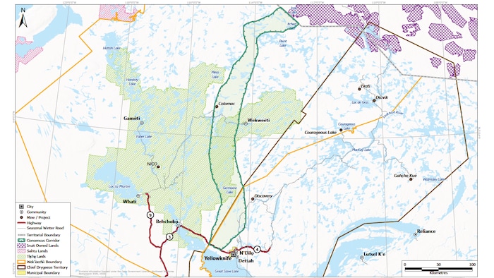 Une carte montrant le tracé proposé du côté des Territoires du Nord-Ouest du Corridor économique et de sécurité de l’Arctique.
