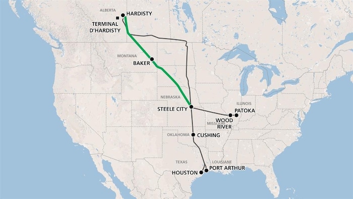 En vert, le tracé du nouveau pipeline Keystone XL proposé qui reliera l'Alberta au golfe du Mexique.