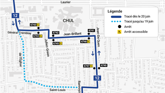 Une carte montre le tracé actuel du parcours 12, qui passe sur la route de l'Église et sur le chemin Saint-Louis. À partir du 20 juin, les autobus tourneront sur Général-Tremblay (à partir ou en provenance de la route de l'Église) pour poursuivre sur Jean-Brillant et Jean-De Quen. Des arrêts, huit en tout (du numéro 6740 à 6747), accessibles aux personnes à mobilité réduite, sont installés de part et d'autre du parcours.