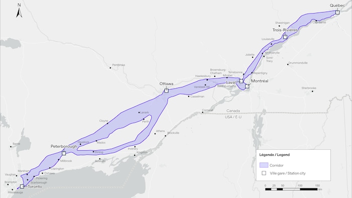 Le tracé proposé du TGV Québec-Toronto.
