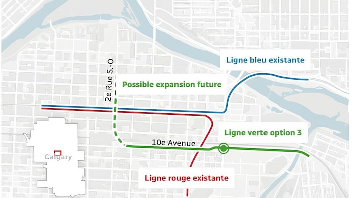 Un carte indique le tracé de la future ligne verte de train léger à Calgary.