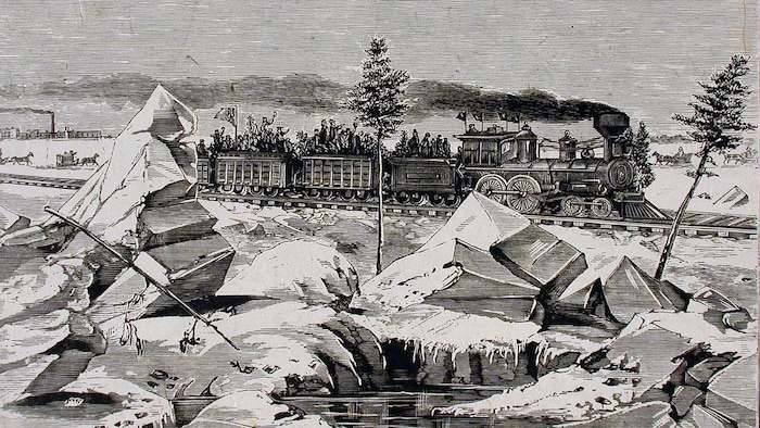 Un train filant à vive allure sur des terres enneigées, au 19e siècle