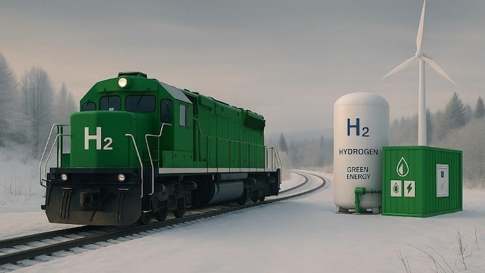 La maquette d'un train à côté d'un citerne d'hydrogène et d'une éolienne. 