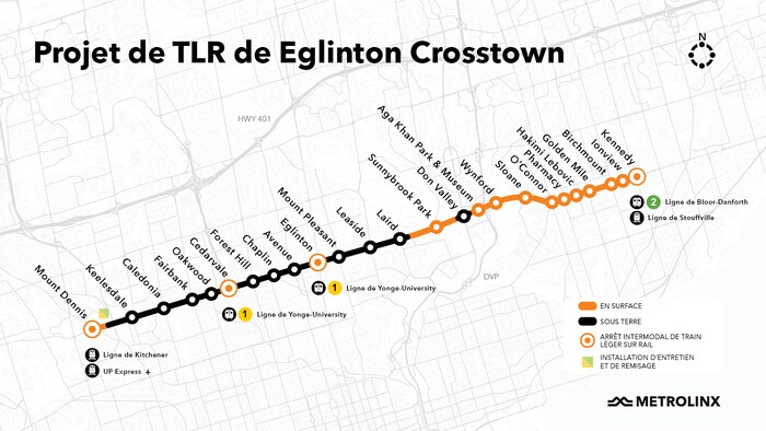 Carte de la ligne de train léger d'Eglinton à Toronto.