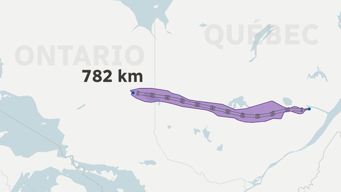 Carte du trajet du gazoduq entre l'Ontario et le Québec.