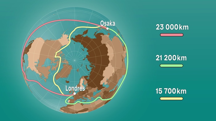 Carte représentant trois trajets maritimes entre Londres et Osaka.