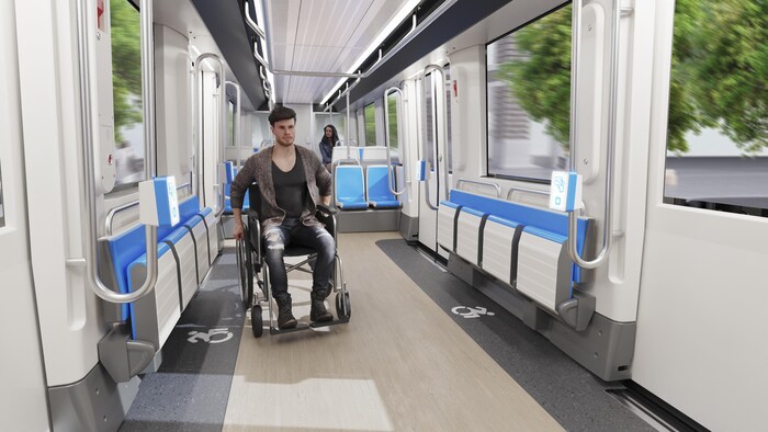 Esquisse représentant une personne en fauteuil roulant à l'intérieur du tramway de Québec.