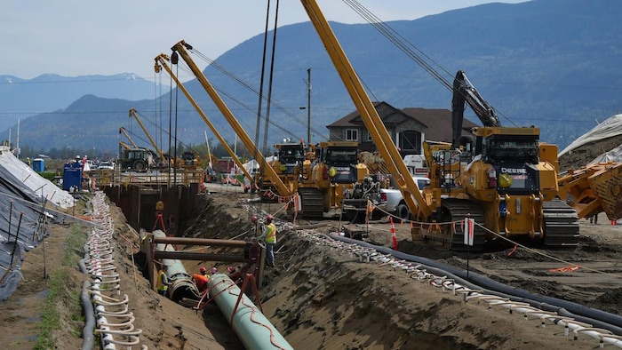 Des grues au travail sur le chantier de l'oléoduc Trans Mountain à Abbotsford, en Colombie-Britannique, en 2023, avec des montagnes en arrière-plan.
