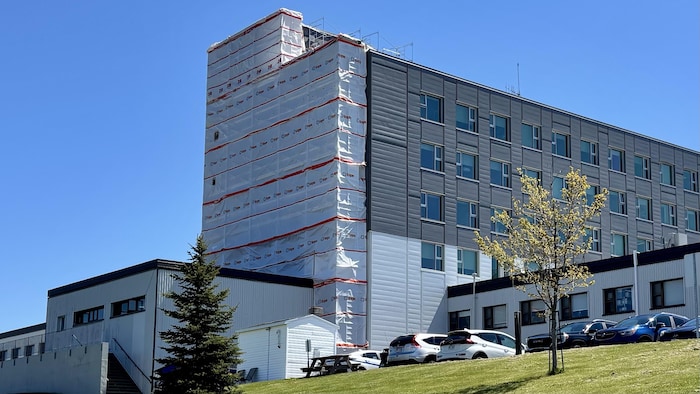 Une partie d'un édifice est recouverte d'une toile sur un chantier de rénovation.