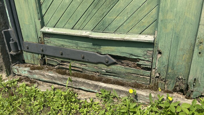 Le bas d'une porte en bois est très endommagé par la pourriture.