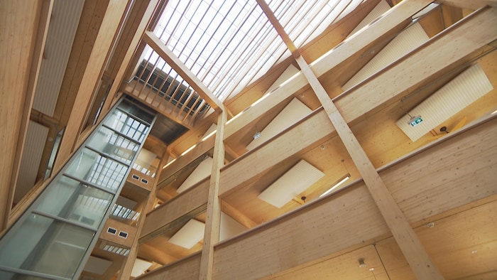 L’atrium intérieur d’un bâtiment principalement construit en bois, avec un grand mur d’eau en verre sur la gauche.