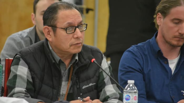 John B. Zoe speaks during a caribou management meeting in Behchoko, N.W.T., in 2020. He says the Indigenous peoples have kept the 'spirit and intent' of Treaty 11 alive for a century.