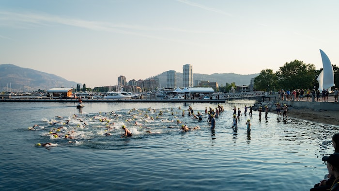 Des gens commencent leur épreuve de nage dans le lac Okanagan, en 2024.