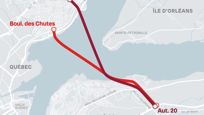 Carte des deux tracés, qui survolent le fleuve, qui relient l'autoroute 20, à Lévis, à la rive-nord.