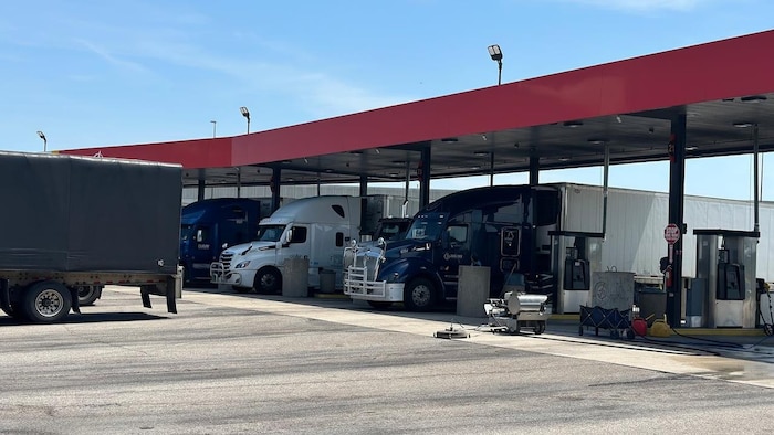 Trucks stopped at a Flying J stop.