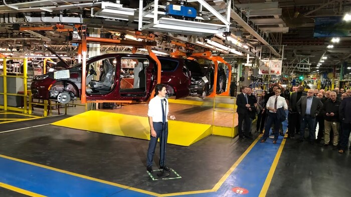 Prime Minister Justin Trudeau speaks to the media during a tour of the Windsor Stellantis plant in January 2023. (Darrin Di Carlo/CBC)