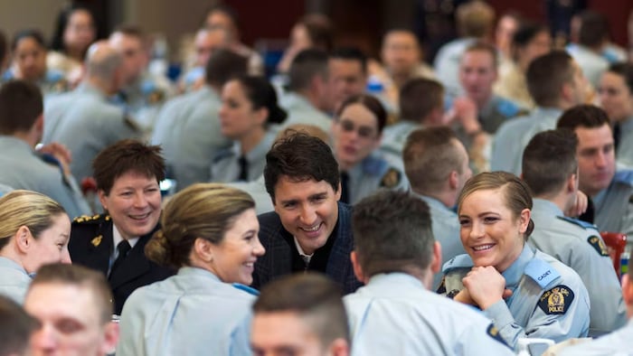 Prime Minister Justin Trudeau visits with cadets at RCMP Depot in Regina on Thursday, January 26, 2017. 