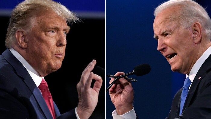 Montage de deux photos de Donald Trump et Joe Biden en train de débattre.