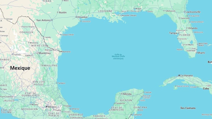Capture d'écran où l'on voit les appellations golfe d'Amérique et golfe du Mexique.