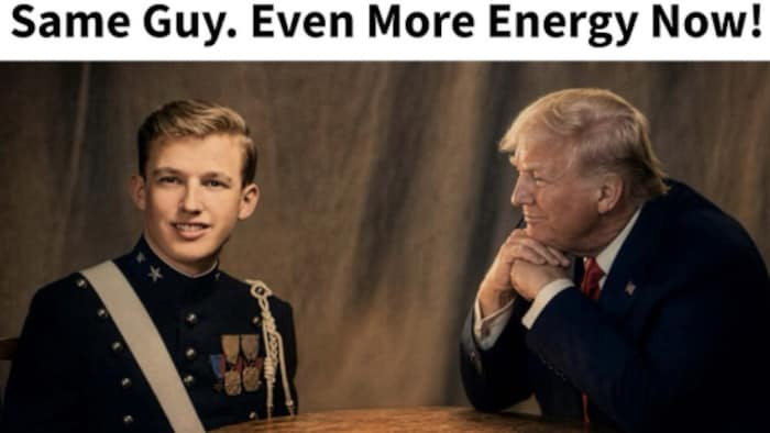 Une image générée par intelligence artificielle où Donald Trump regarde en souriant un jeune Donald Trump à peine sorti de l’adolescence sous le message « Même gars. Encore plus d’énergie maintenant! »