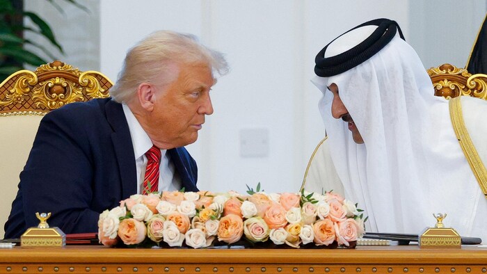 Donald Trump et l'émir du Qatar se regardent, devant une table où est posé un bouquet de fleurs.