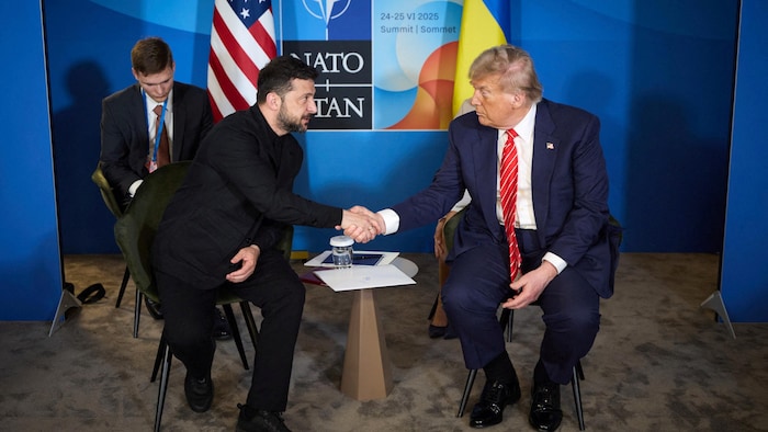 Two men shake hands. zelensky signs agreement special court
