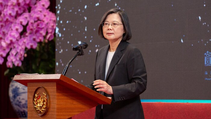     Taiwan President Tsai Ing-wen delivers a speech on the seventh anniversary of her inauguration in Taipei, Taiwan, May 20, 2023. 