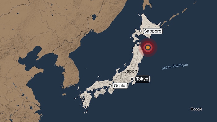Une carte montrant le secteur visé par une alerte de tsunami, dans le nord du Japon.