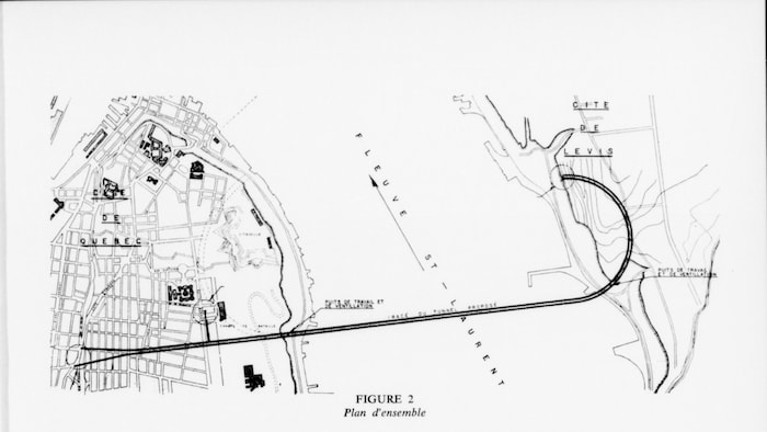 Un dessin professionnel et épuré montre un tunnel sous-fluvial faisant le lien entre Québec et Lévis dans les années 1960. 