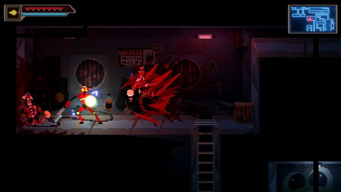 Le personnage Turbo Kid anéantit un ennemi qui se démembre dans un jeu vidéo. 