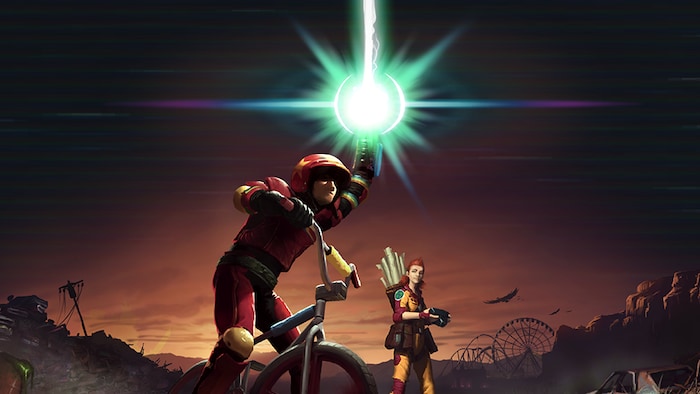 Un personnage de jeu vidéo sur un vélo tient un objet lumineux dans ses mains devant un décor postapocalyptique.