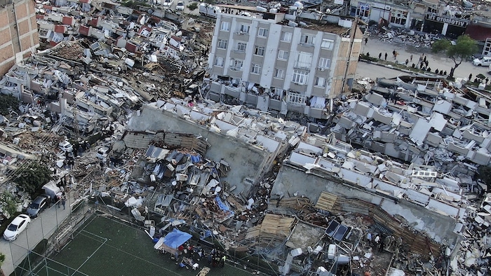 An aerial photo of the destruction in Hatay, a city in southern Turkey, the day after strong earthquakes also hit Syria.