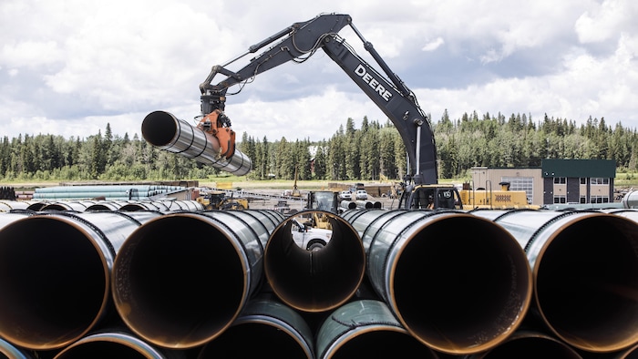 Des tuyaux servant à la construction du pipeline Trans Mountain à Edson, en Alberta, le 18 juin 2019.